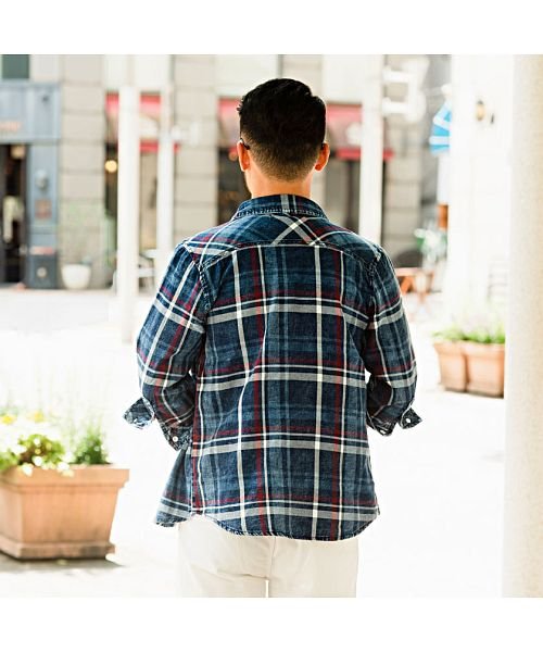 Cavaria インディゴチェックレギュラーカラー7分袖シャツ メンズ シャツ 7分袖シャツ 七分袖 ブランド おしゃれ インディゴ染め チェック柄 コットンシ キャバリア Cavaria D Fashion