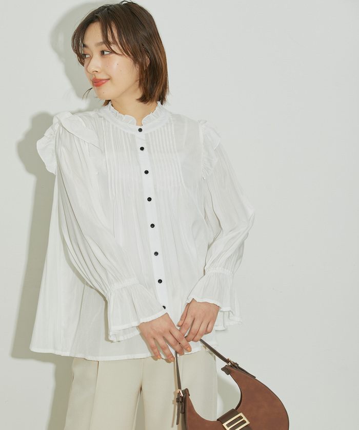 セール】【WEB限定】ふんわり素材ピンタック＆肩フリルシャツ