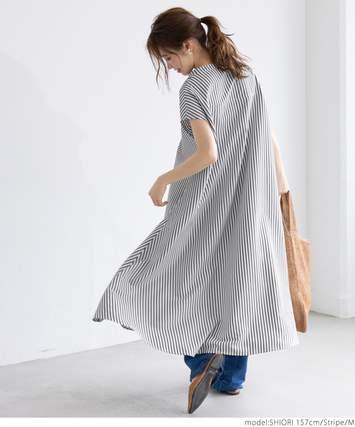 ストライプワンピース シャツワンピース Aライン 着痩せ クーポン】【セール 26%OFF】ストライプスキッパーシャツ