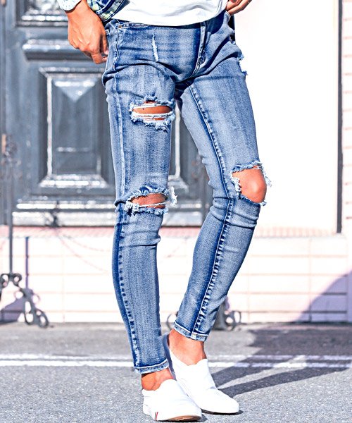 セール デニム スキニー パンツ メンズ ハード ダメージ クラッシュ ストレッチ Bitter ビター系 クラッシュダメージストレッチスキニーデニムパンツ デニムパン ラグスタイル Luxstyle D Fashion