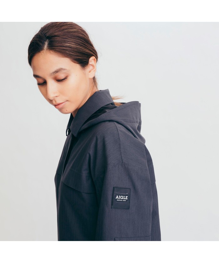 【透かしロゴ】エーグル AIGLE ステンカラーコート ブラック 無地 ♪ エーグル AIGLE ゴアテックス フード付きステンカラーコート