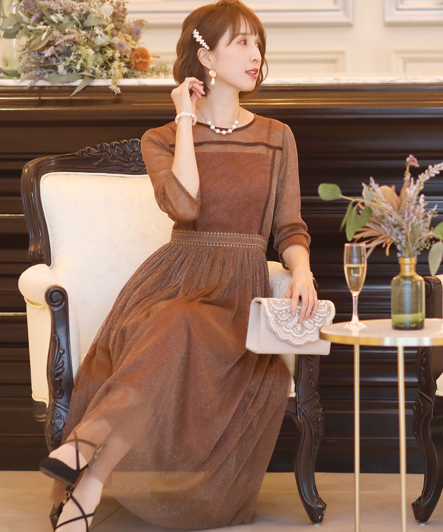 ラメチュールワンピースドレス七分袖&ロング結婚式フォーマル 表する