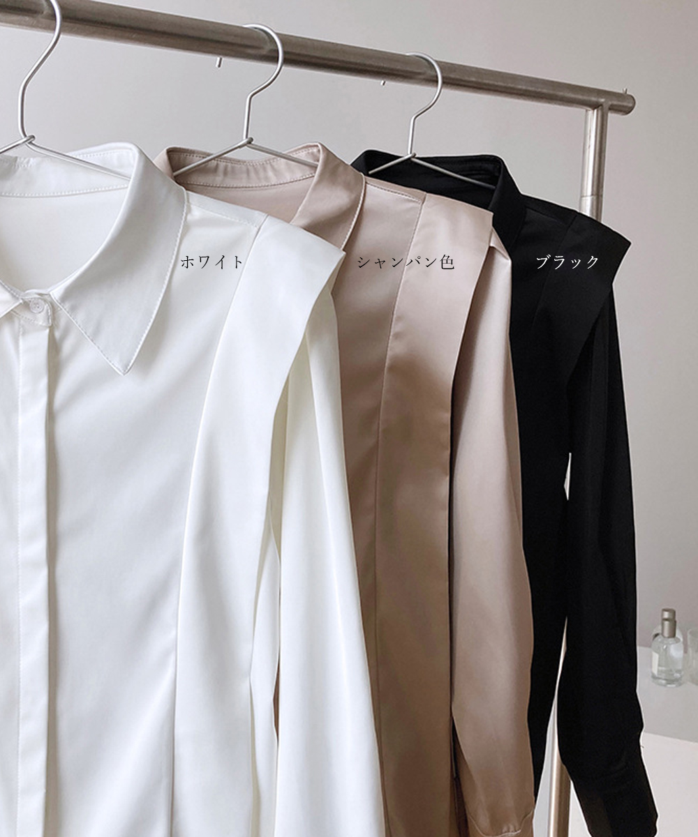 サテンタッチ ネクタイ シャツ 韓国 モード 光沢 2色 hr6496 SHUNシャツ／長袖／ノンアイロンストレッチ／ワイドカラー