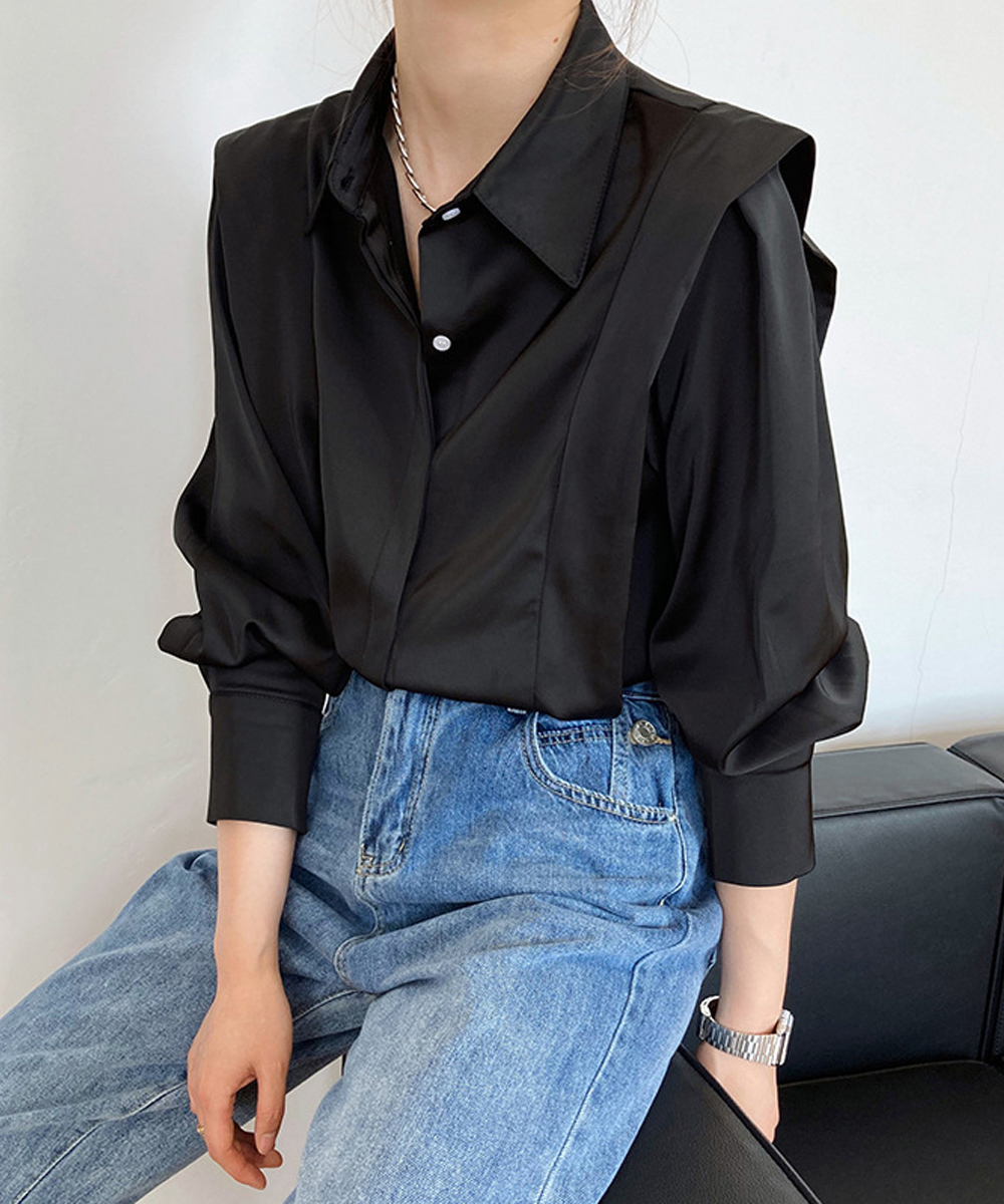 サテンタッチ ネクタイ シャツ 韓国 モード 光沢 2色 hr6496 SHUNシャツ／長袖／ノンアイロンストレッチ／ワイドカラー