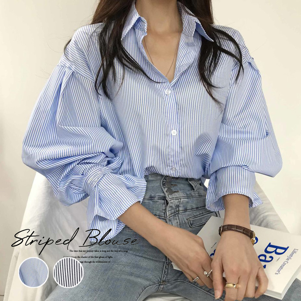 驚きの価格が実現！ セール】ストライプ ボリューム袖(504287224 韓国 ブラウス トップス
