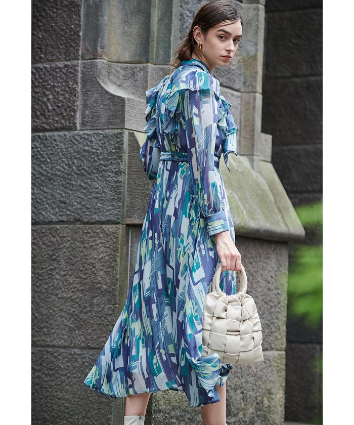 And couture ジオメトリック柄 ボウタイ付きワンピース セール 50%OFF】ジオメトリック長袖ボウタイワンピース
