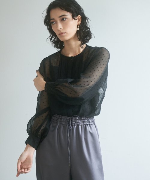 ドットシフォンピンタックレースブラウス
