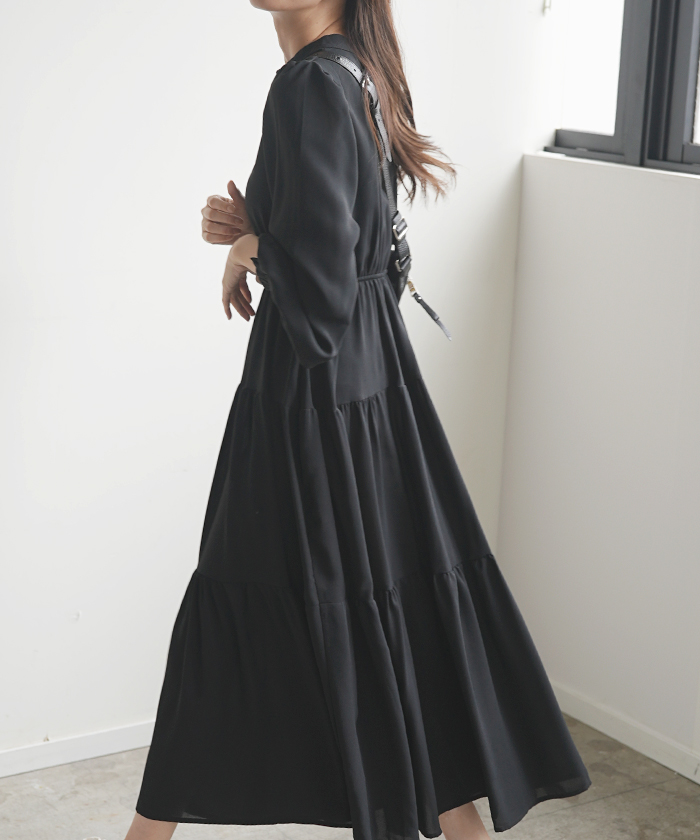 ワンピース ロング丈 マキシ丈 バルーン袖 ティアード バルーン