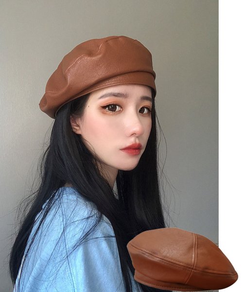 税込 ベレー帽 黒 puレザー レディース 帽子 韓国ファッションといい感じ♬秋コーデ
