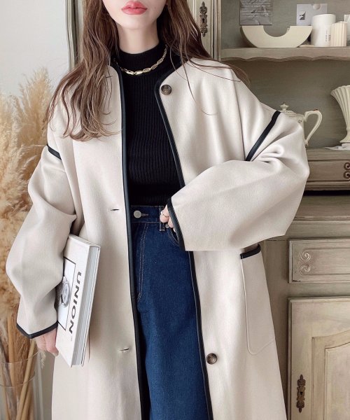 セール10%OFF】ニットメルトンパイピングノーカラーロングコート(504323838) | モーメントプラス(moment+) - d fashion セール10%OFF】ニットメルトンパイピングノーカラーロングコート(504323838) | モーメントプラス(moment+) - d fashion