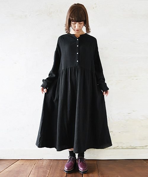 前ボタンフレアダブルガーゼワンピース M L レディース 春秋冬 ワンピース 綿100 キャメル モカ ブラック ダブルガーゼ ボタン キーネック 体型カバ アンドイット And It D Fashion