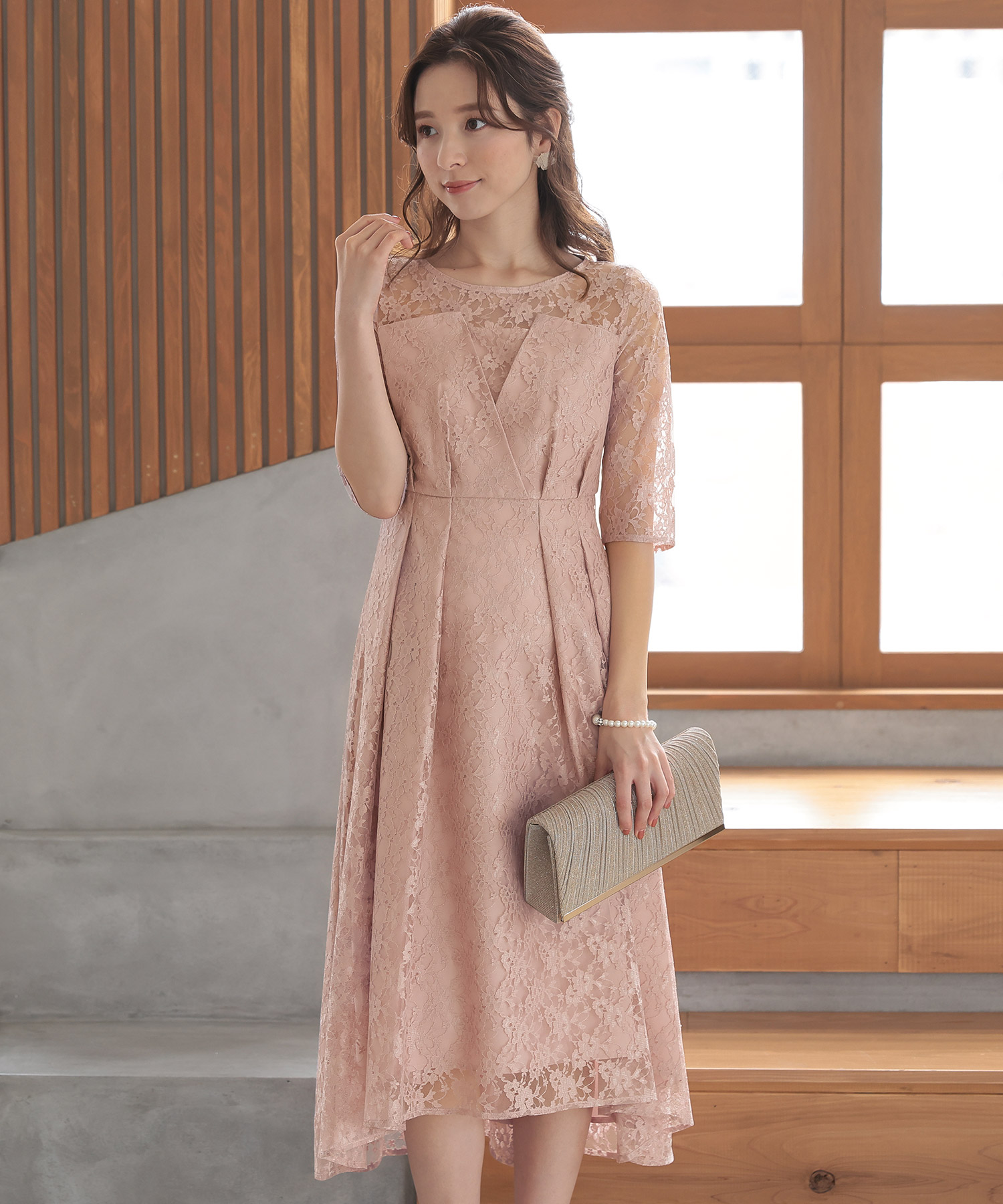 クーポン】【セール10%OFF】ビスチェ風レースドレス 結婚式 ワンピース