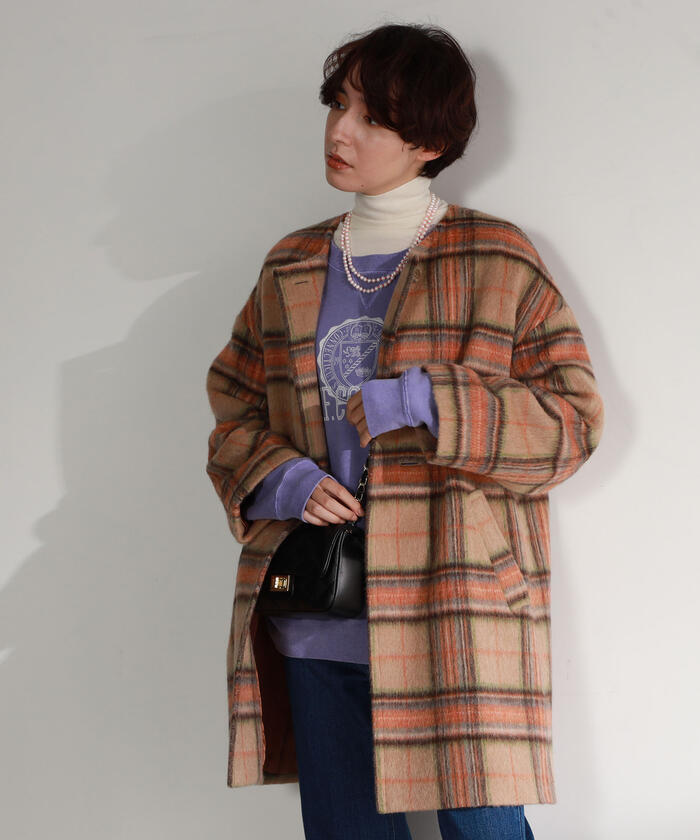 セール 30%OFF】チェックシャギーノーカラーコート(504348955 セール 30%OFF】チェックシャギーノーカラーコート(504348955