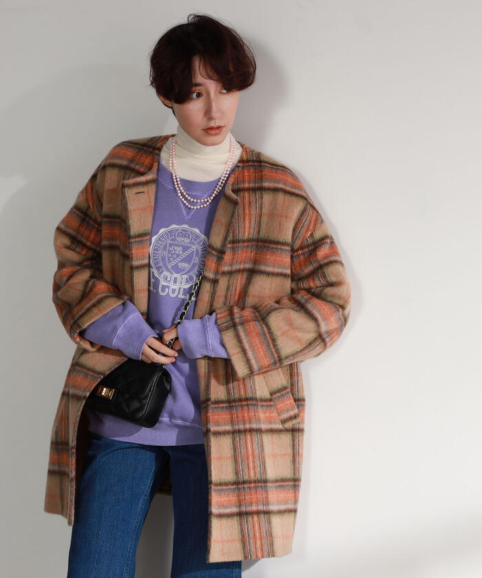 セール 30%OFF】チェックシャギーノーカラーコート(504348955 セール 30%OFF】チェックシャギーノーカラーコート(504348955