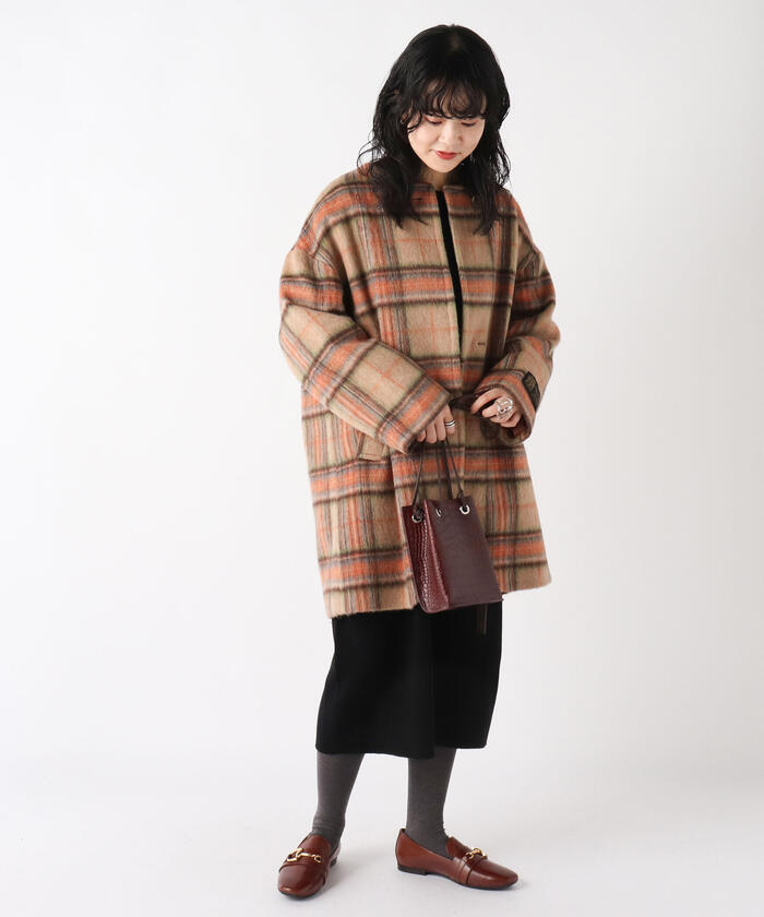 セール 30%OFF】チェックシャギーノーカラーコート(504348955 セール 30%OFF】チェックシャギーノーカラーコート(504348955