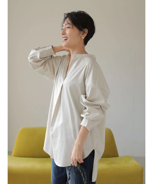 グレー バックボタン付きシャツ SETENS セール 50%OFF】綿サテンスキッパーバックボタンシャツ
