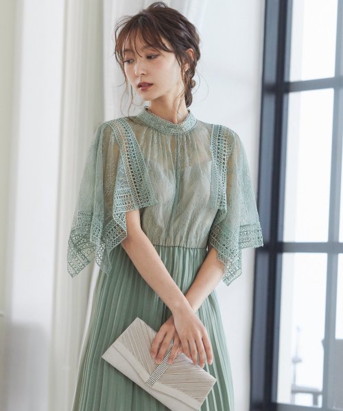 結婚式 ワンピース パーティードレス レース オーガンジー プリーツ ハンカチレース ロング 総レース シアー 透け感 ウエストゴム 5分袖 袖あり オケージョ ニアナ Niana D Fashion