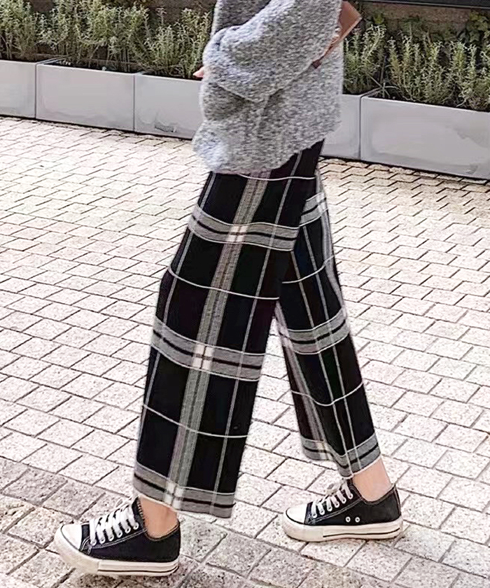 充実の品 ヤンヤン リボンフラワー チェック ニットパンツ