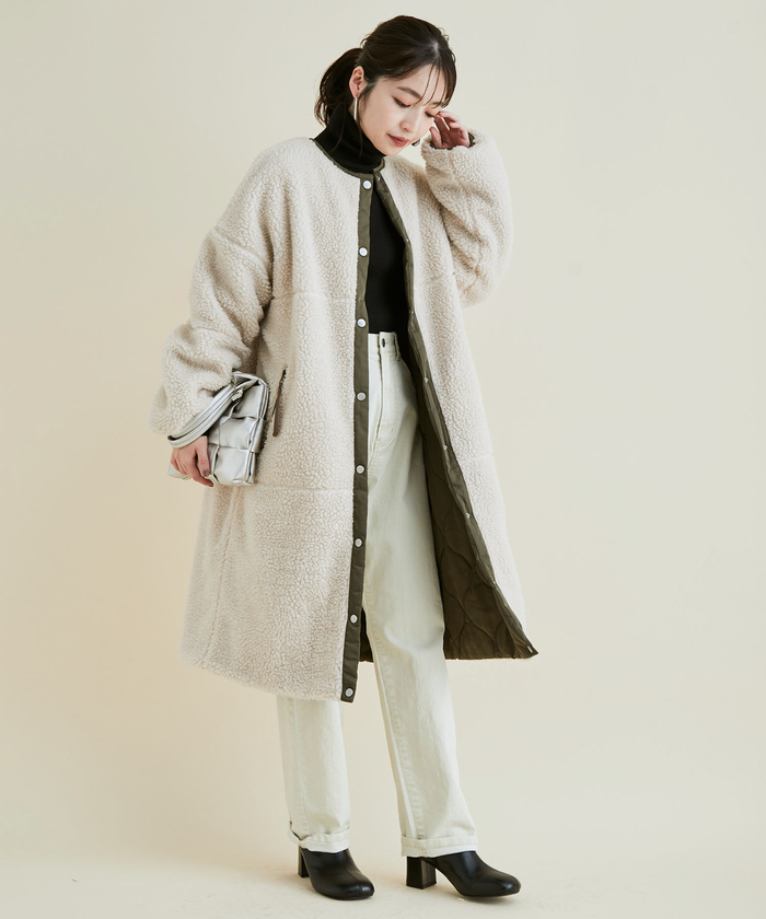 KBF （One） リバーシブルロングコート キルティングボア
