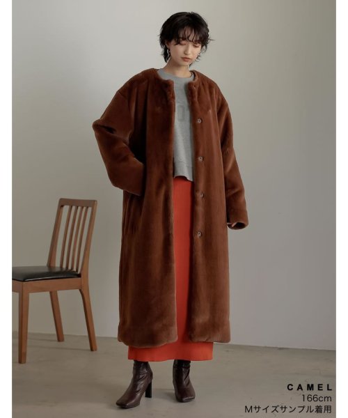 [低身長サイズ有]ノーカラーエコファーロングコート