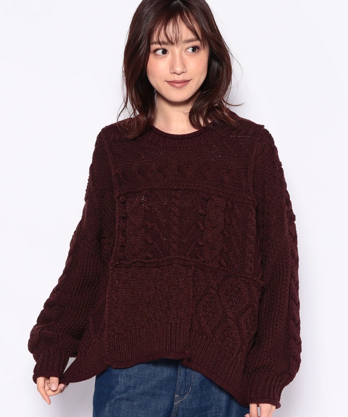 MAGASEEK/dfashion限定カラー】ケーブルパッチワークニット