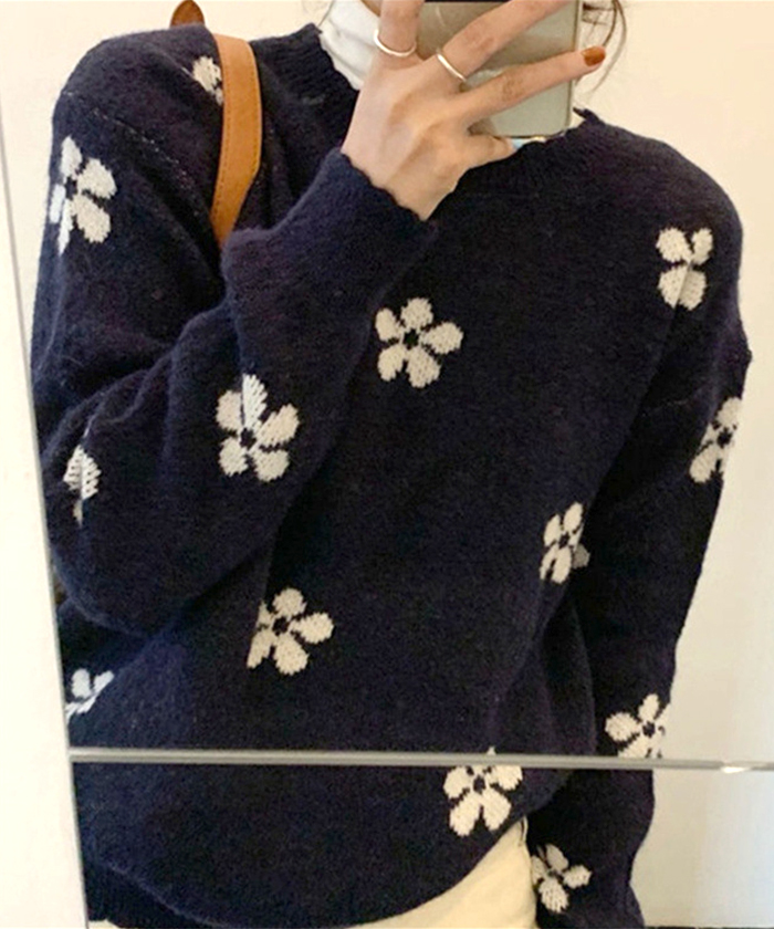 ニット ジャガードニット フラワー トップス プルオーバー 花柄