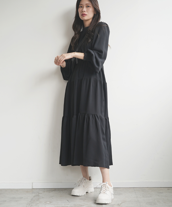 ワンピース ロング丈 マキシ丈 バルーン袖 ティアード バルーン