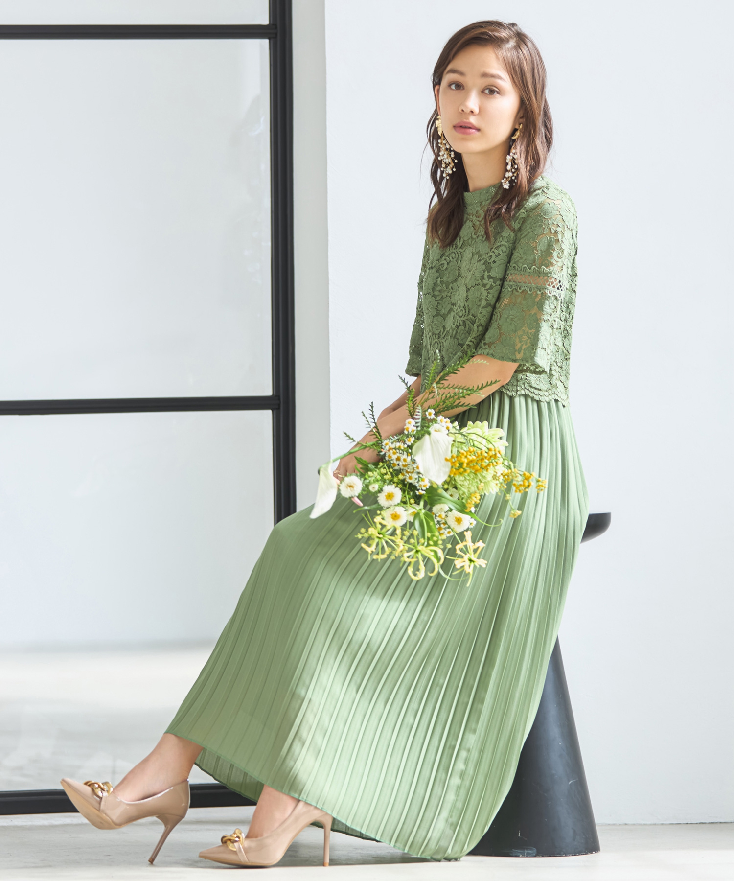 ワンピース ドレス レース プリーツ パーティードレス 結婚式