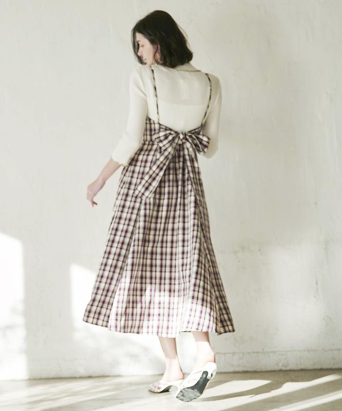AndCoutureリボン付きチェック柄ワンピース 2022 Spring バックリボンチェック柄ワンピース(504471140