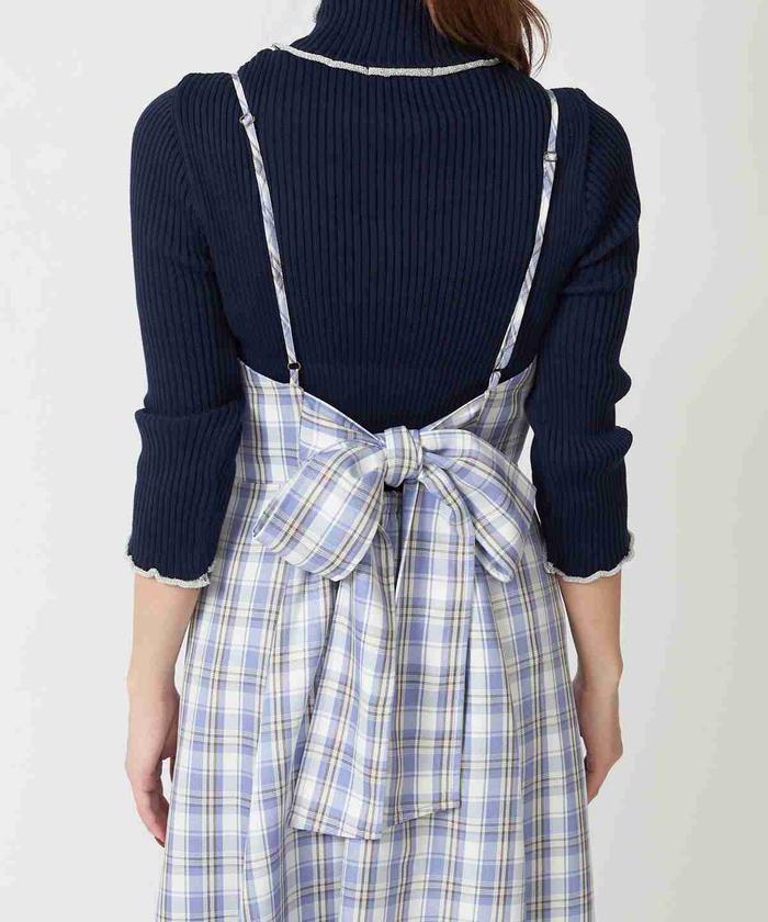 AndCoutureリボン付きチェック柄ワンピース シアーチェックフリルリボンワンピース(F オフホワイト): AND
