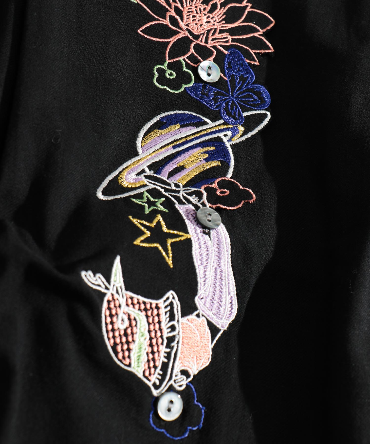 前立てレース刺繍シャツ セール 20%OFF】ネコ宇宙 前立て刺繍レース切替シャツ(504478929