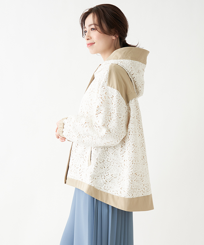 ホワイト フード付き ジャケット レース付き レースフード付きジップジャケット