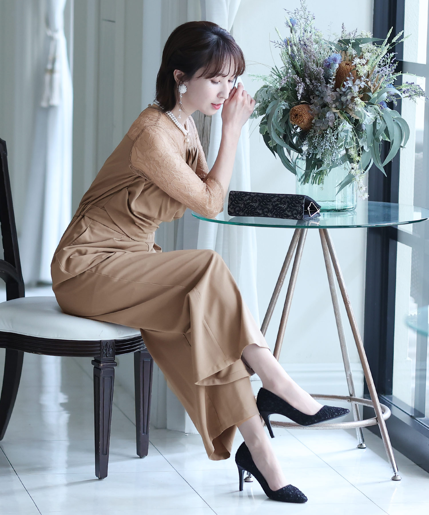 美品　Pour Vous　プールヴー　パンツドレス セレモニー　結婚式 プールヴー PourVous 結婚式 パンツドレス （ブラウン