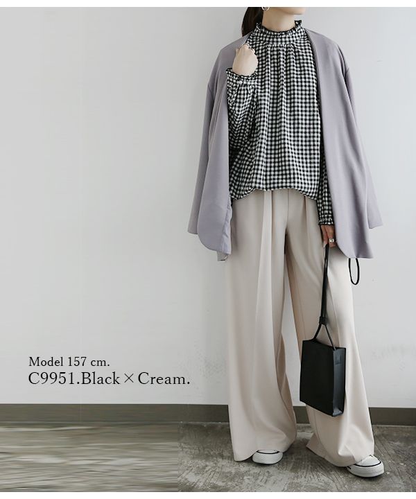 クーポン】【セール13%OFF】フリルネックコットンワイドブラウス【M-L