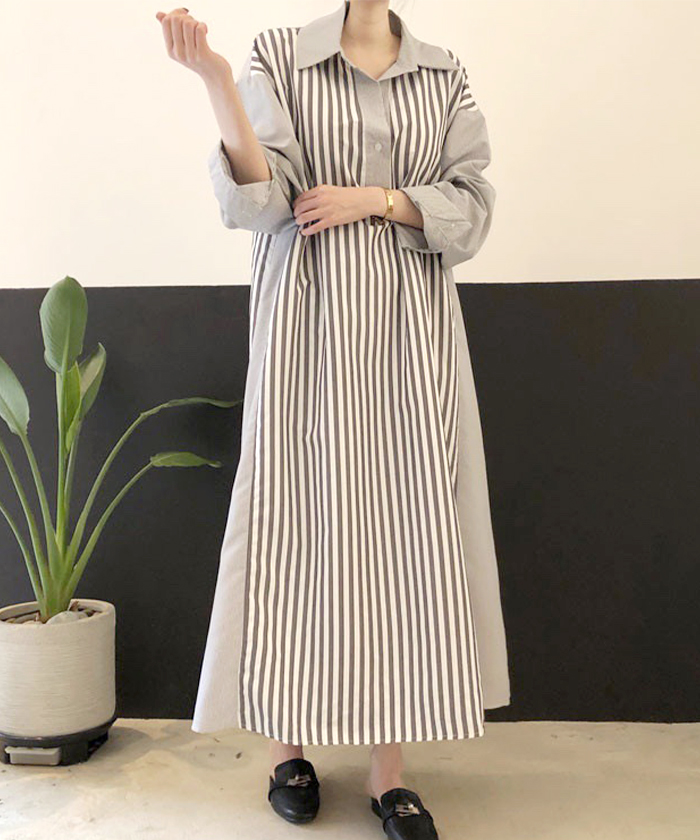 シャツワンピース ワンピース ロング ストライプ デニム 韓国 ベルシー Belle Cie デニム ワンピース デニムワンピース ロング