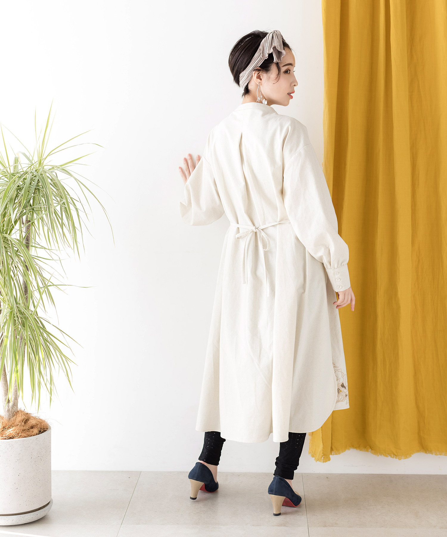 バラ蝶刺繍キルティング綿麻シャツワンピース(504505584) | イズ