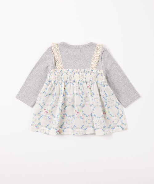 KP(ケーピー)ローン小花プリントとフライス(ストレッチ)レイヤード風7分袖Tシャツ(140－150cm)
