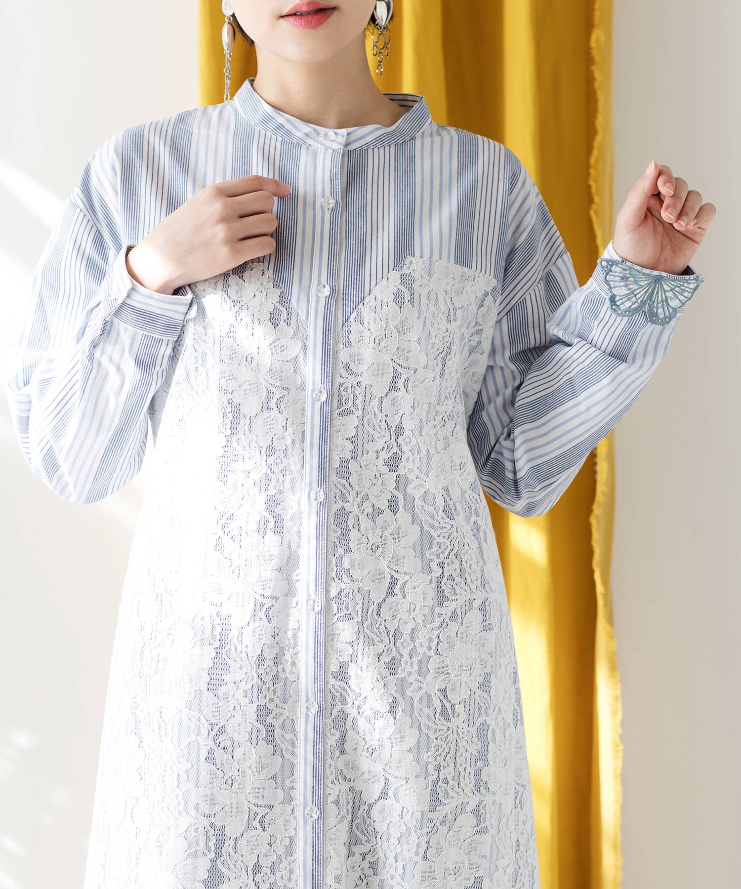 レースステッチ☆ワンピース シャツカラー ミディ 長袖 Aライン trim_ofgrc_item100d9892461e11e