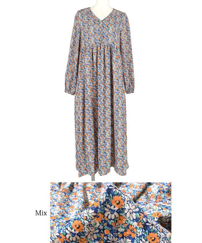 ELFSACK ワンピース 花柄 ミモレ ｖネック ゆったり ELFSACK ワンピースピンク 花柄 vネック 長袖 ミモレ丈 ELFSACK