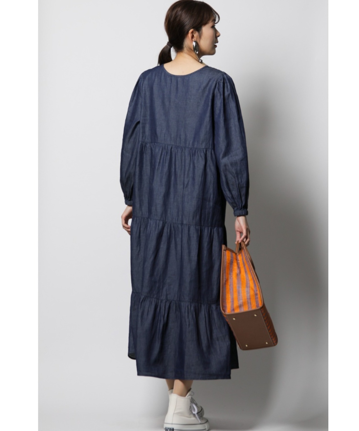 ②2wayデニムティアードワンピース/スカート　M-L デニムワンピース ロング 半袖 ティアードワンピース Aライン