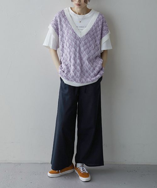 【近日削除】RE-BRANDED（リブランディッド）　カシミア　ニットベスト リーフ柄 オーバーニットベスト レディース トップス Vネック