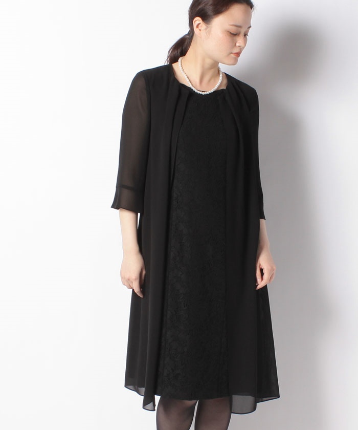 喪服/礼服/シフォン&レース セミフレアブラックフォーマルワンピース