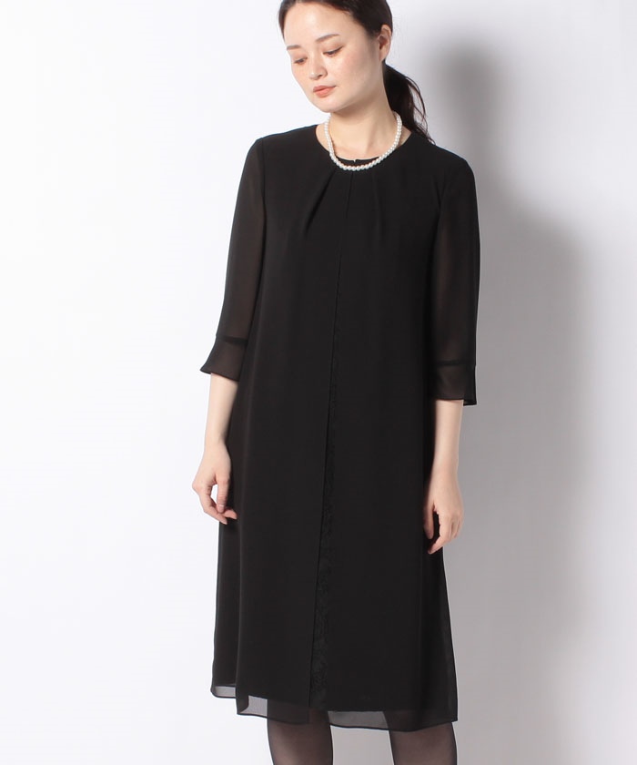 喪服/礼服/シフォン&レース セミフレアブラックフォーマルワンピース