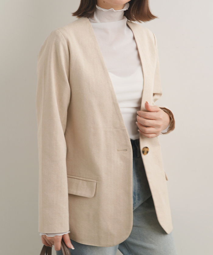 【極美品】Papas 日本製 カシミア混 ヘリンボーン ジャケット ベージュ M ジャケット 麻調 七分袖 ベージュ レディース(M ベージュ): 東京