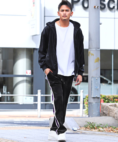 ベロア サイドライン メンズ ワイドパンツ セットアップ 韓国風 ラグスタイル LUXSTYLE サイドラインベロアワイドパンツ/ベロア