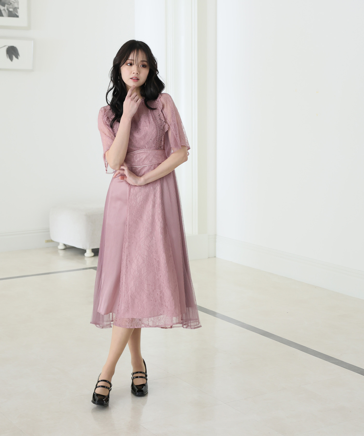 美品　プールヴー　チュールプリーツレースワンピース チュールプリーツレースワンピース｜PourVous
