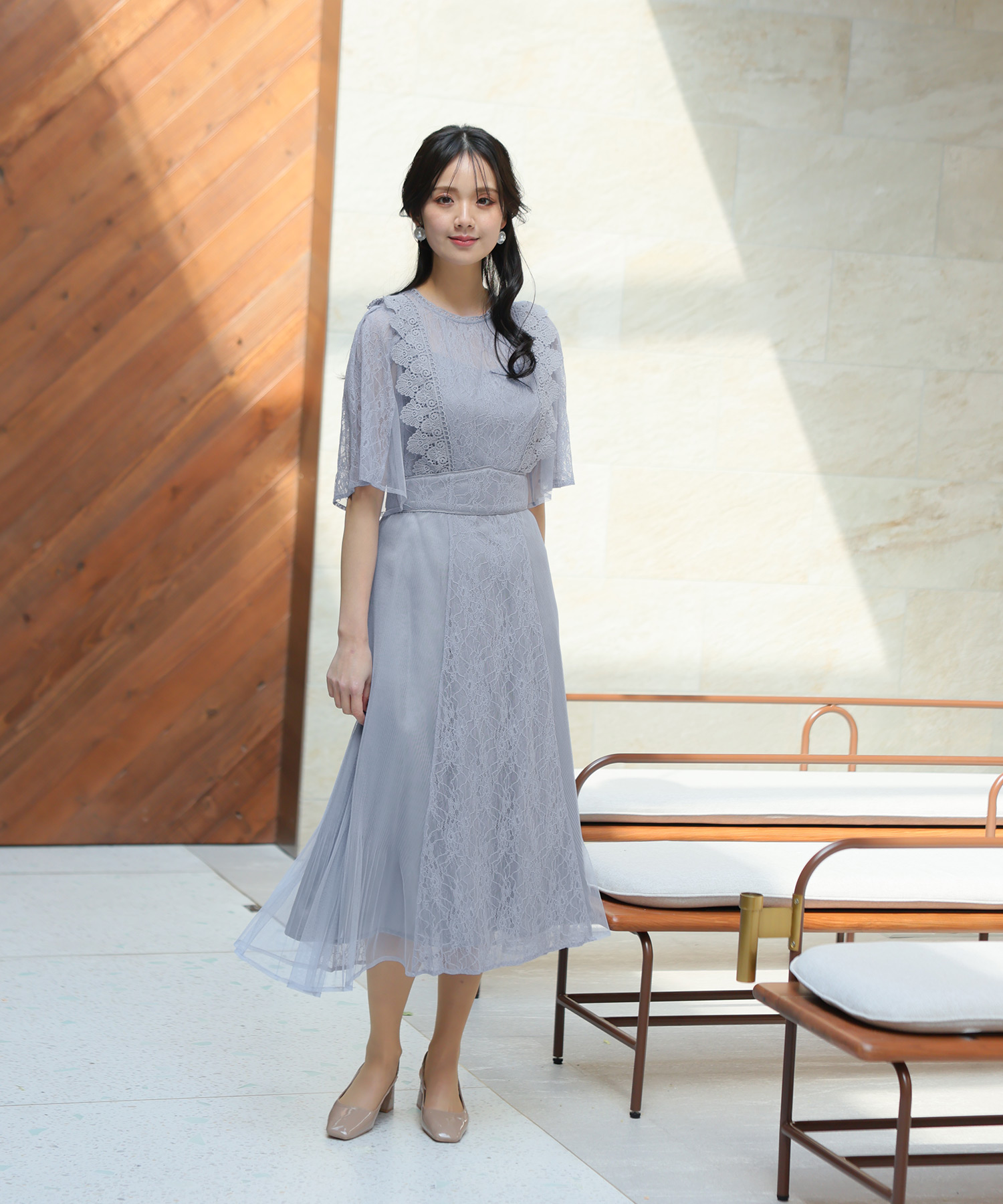 美品　プールヴー　チュールプリーツレースワンピース チュールプリーツレースワンピース｜PourVous