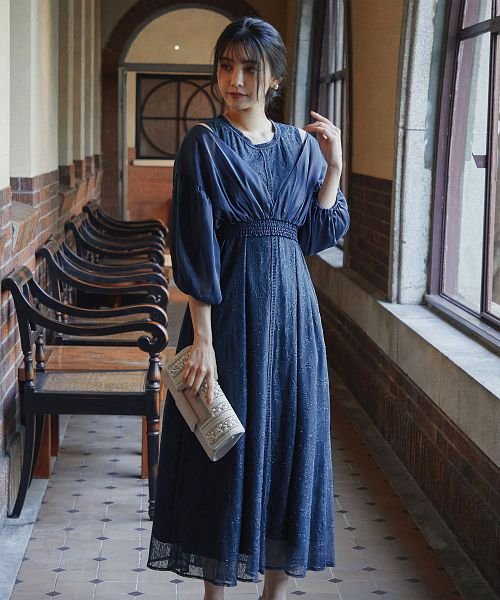 結婚式 ワンピース パーティードレス レース ボレロ セット カーディガン パフスリーブ 総レース シアー 透け感 ウエストゴム 5分袖 袖あり オケージョン 9