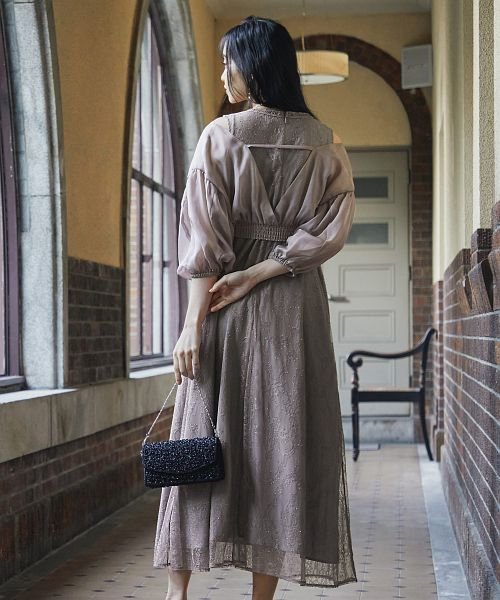 結婚式 ワンピース パーティードレス レース ボレロ セット カーディガン パフスリーブ 総レース シアー 透け感 ウエストゴム 5分袖 袖あり オケージョン 17