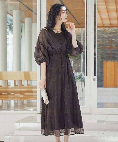 結婚式 ワンピース パーティードレス レース ボレロ セット カーディガン パフスリーブ 総レース シアー 透け感 ウエストゴム 5分袖 袖あり オケージョン 24